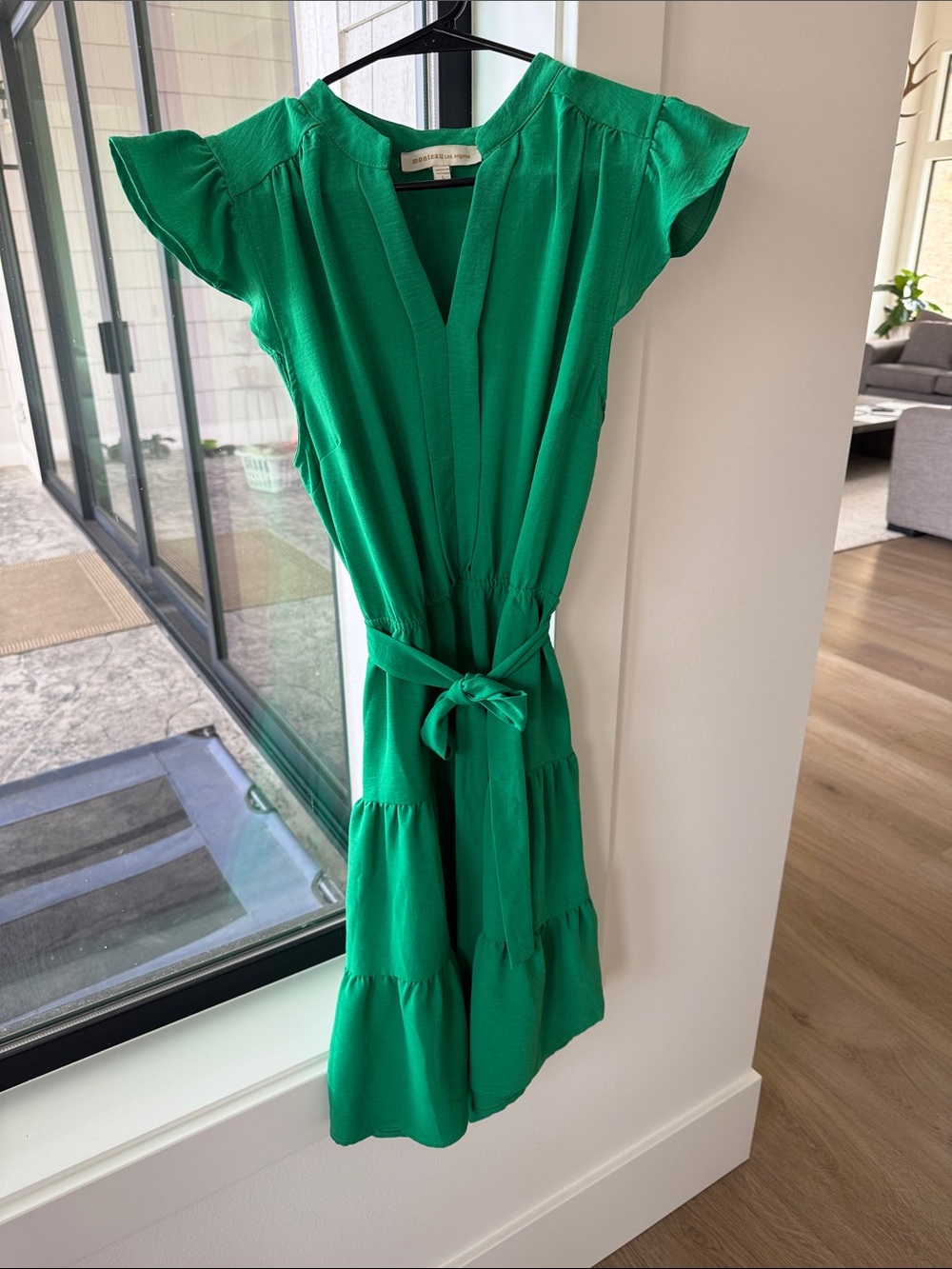 Green Tiered V-Neck Belted Dress - Monteau (fits medium or smaller large)